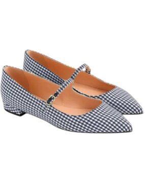 J. Crew Gingham Pointed Toe Mary Jane Flats Navy White 7 NIB